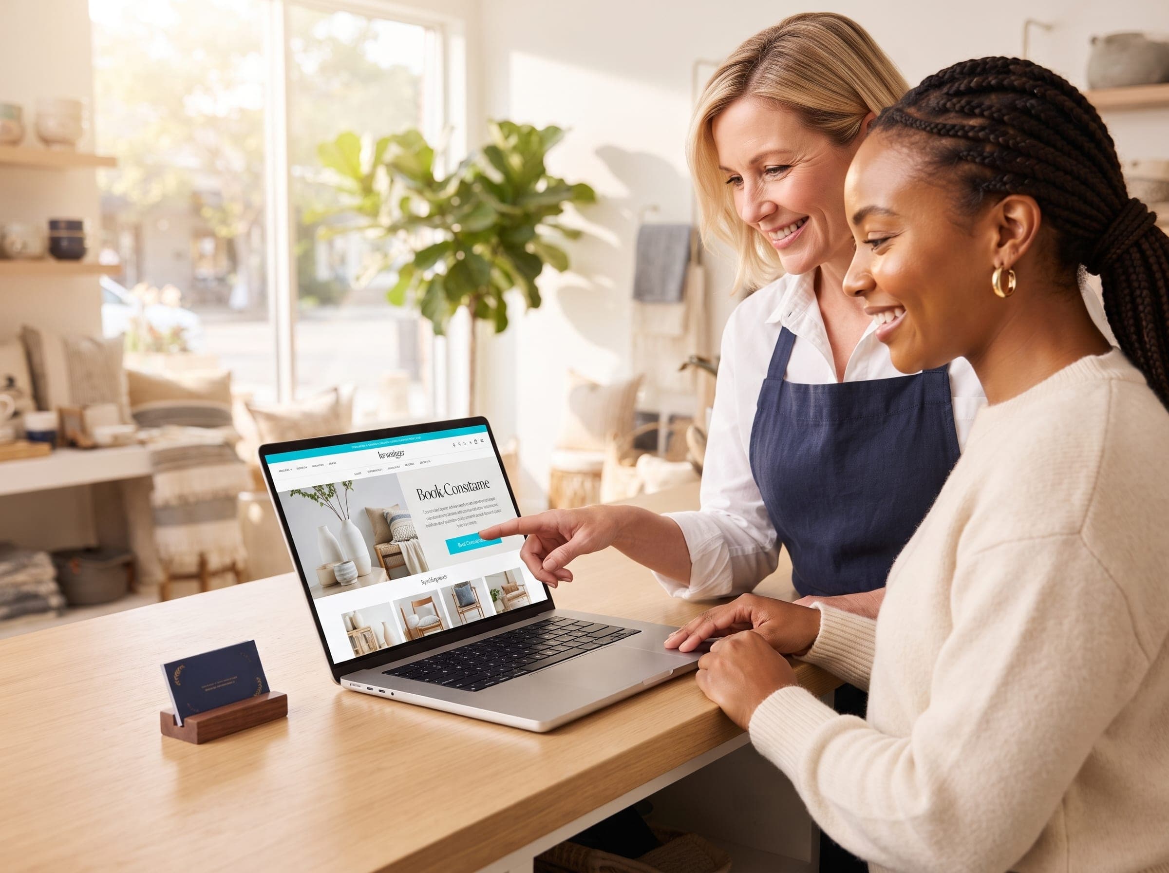 Customer and business owner reviewing a modern website