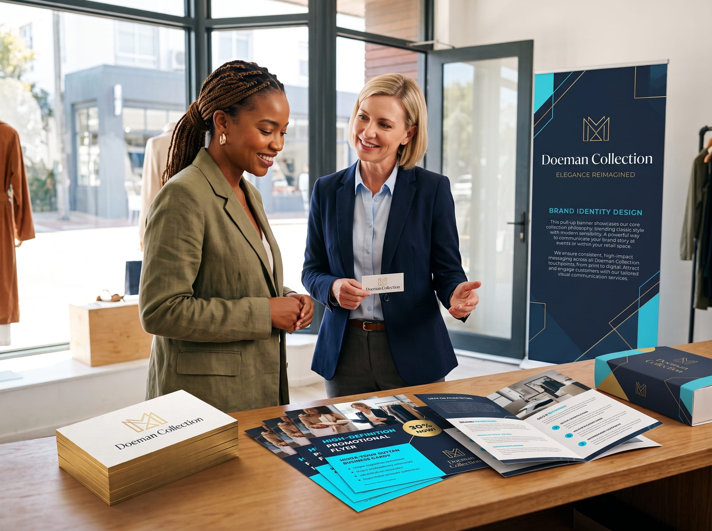 Complete print and branding suite with pullup banner, business cards, and flyers