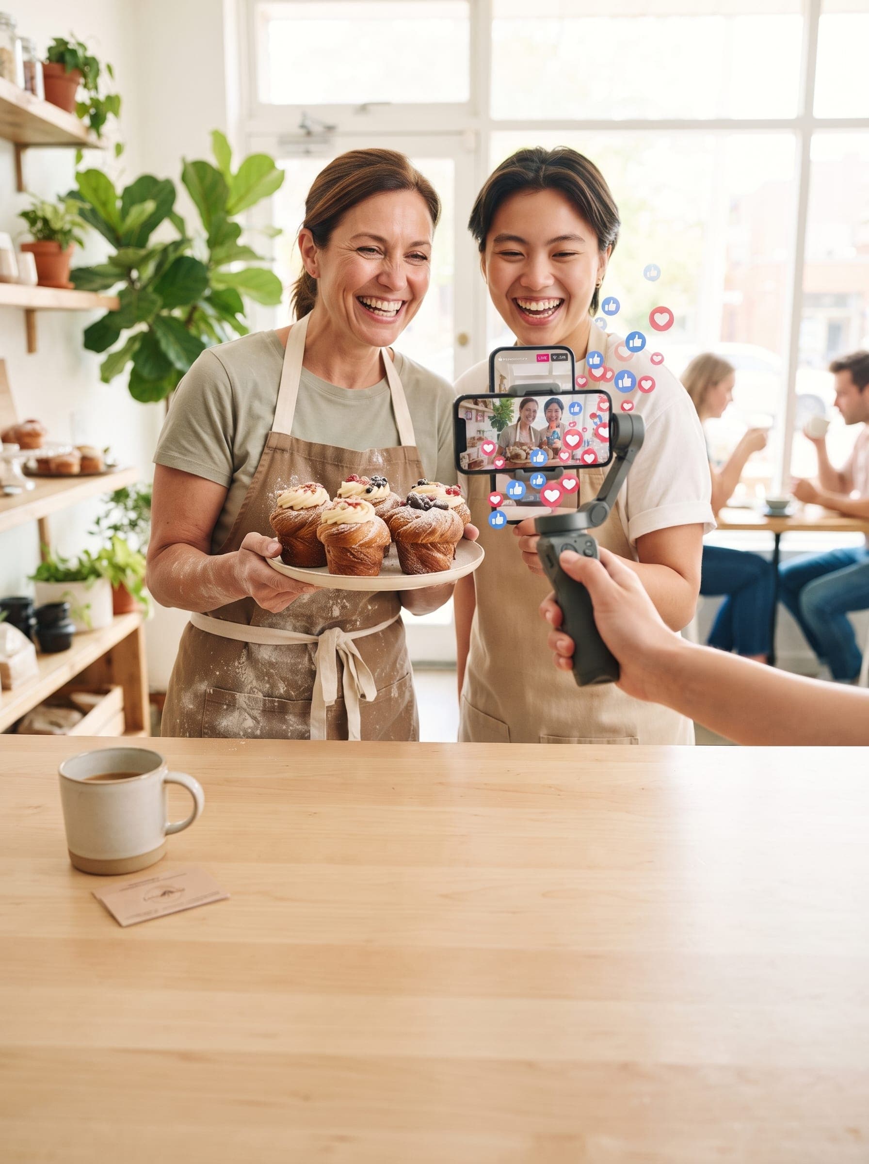 Business owners filming social media content for marketing
