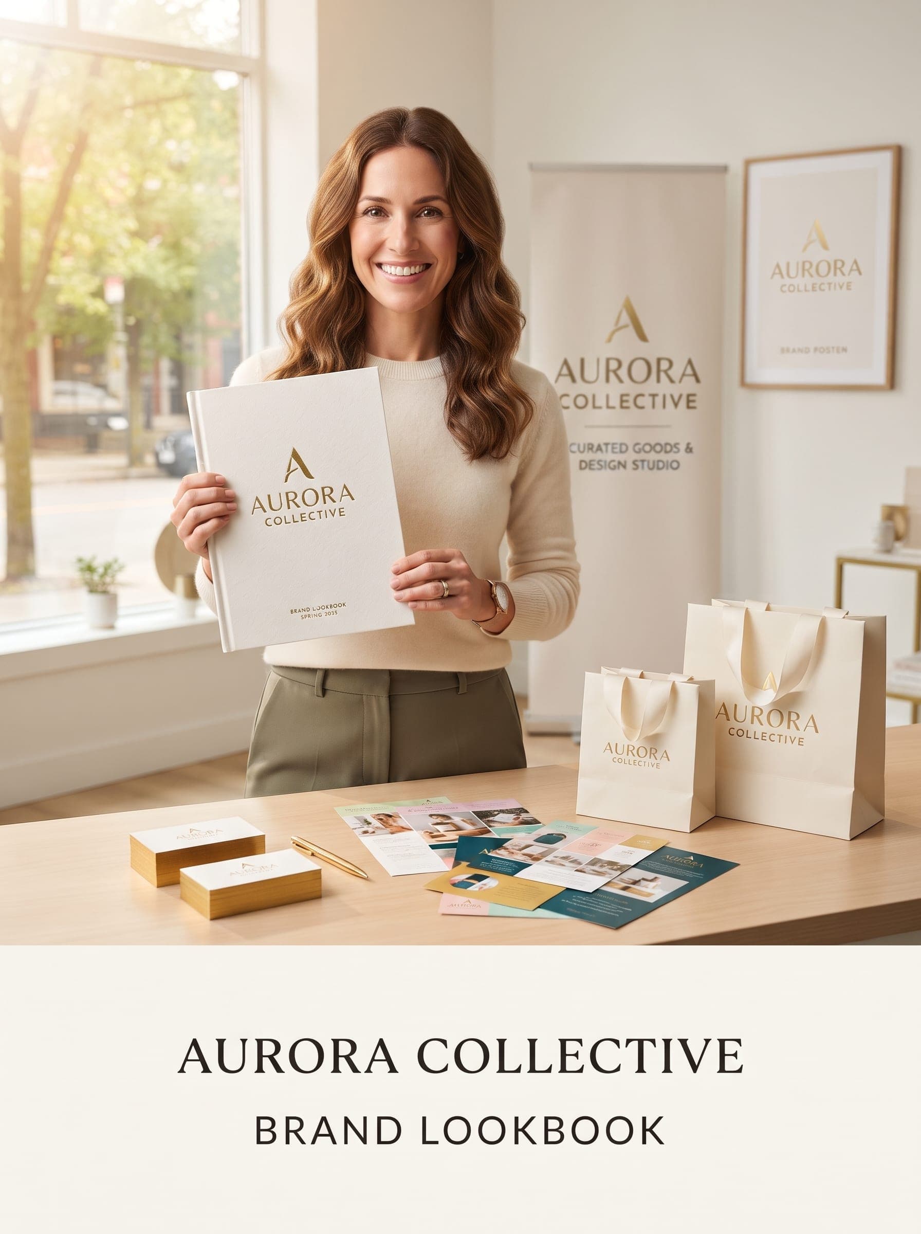 Business owner showcasing complete printed brand collateral